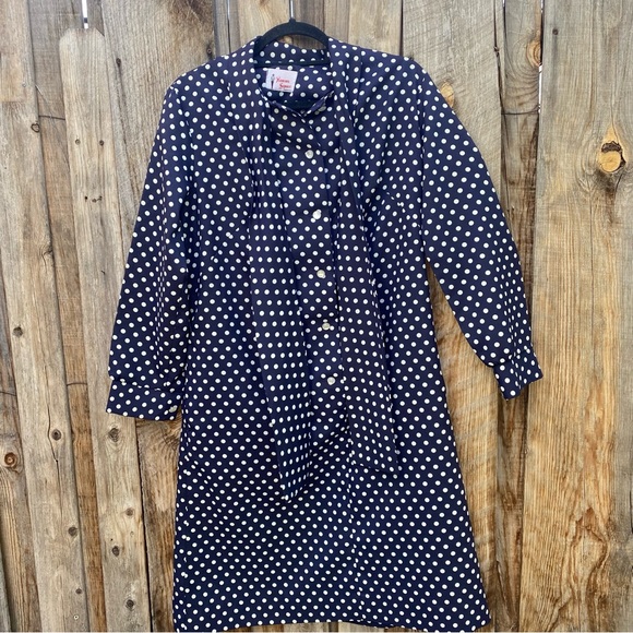 Vintage blue and white polka dot dress, long sleeve, bow at neck, buttons, M/L - Picture 9 of 13